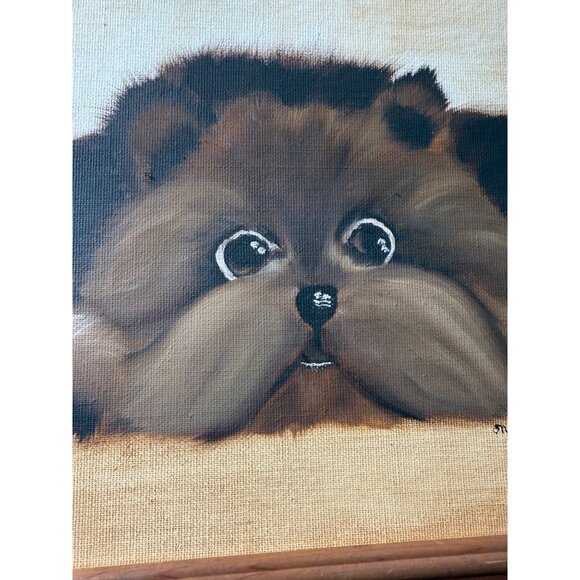 Vintage Framed Kitschy Yorkshire Puppy Dog Oil Painting By M. Whitaker - Picture 2 of 6